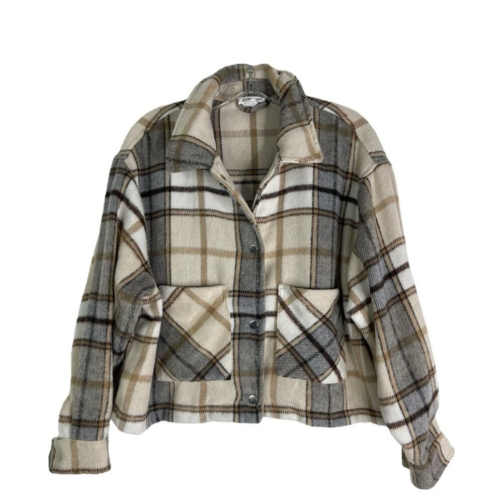 For the Republic tan grey cream plaid cropped preppy lightweight jacket large - Picture 1 of 7